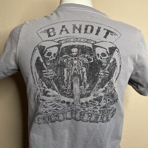 True Religion Bandit death Moto v neck gray logo tee shirt top
